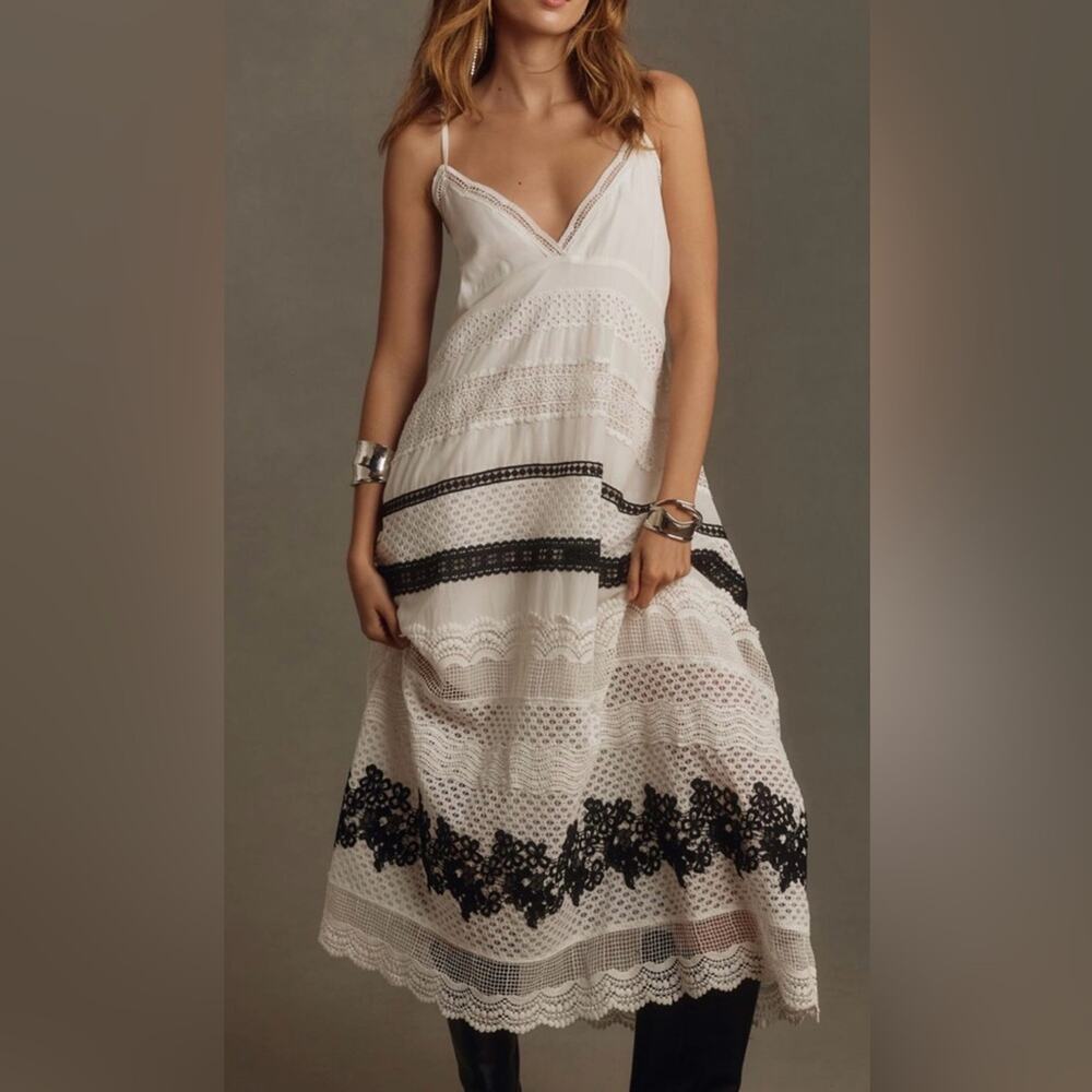 Anthropologie Crochet Lace Overlay Slip Midi Dress Boho Cottage NWT Sz XSP